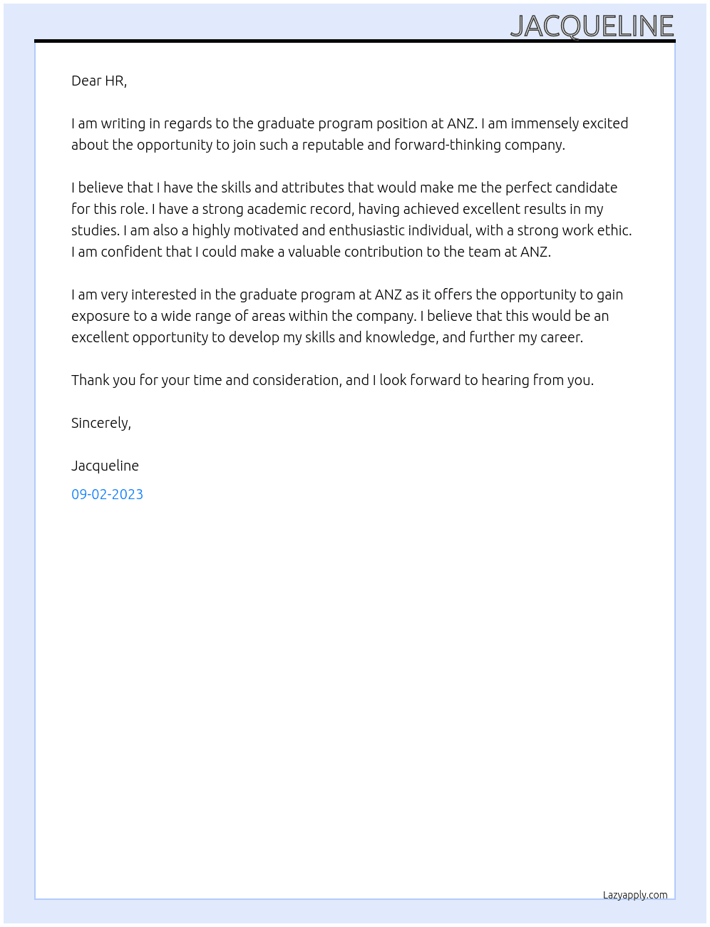 graduate program At ANZ Cover Letter