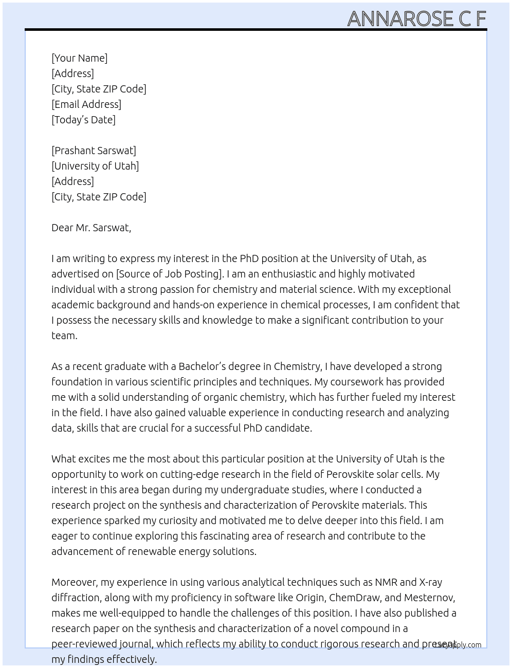 PhD position At University of utah Cover Letter