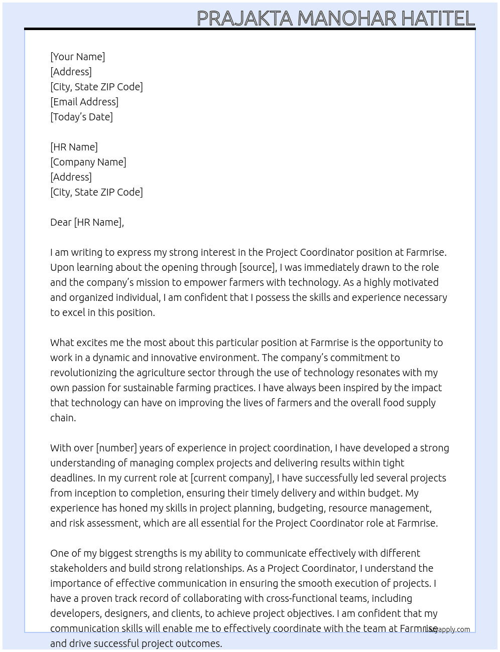 Project Coordinator At Farmrise Cover Letter