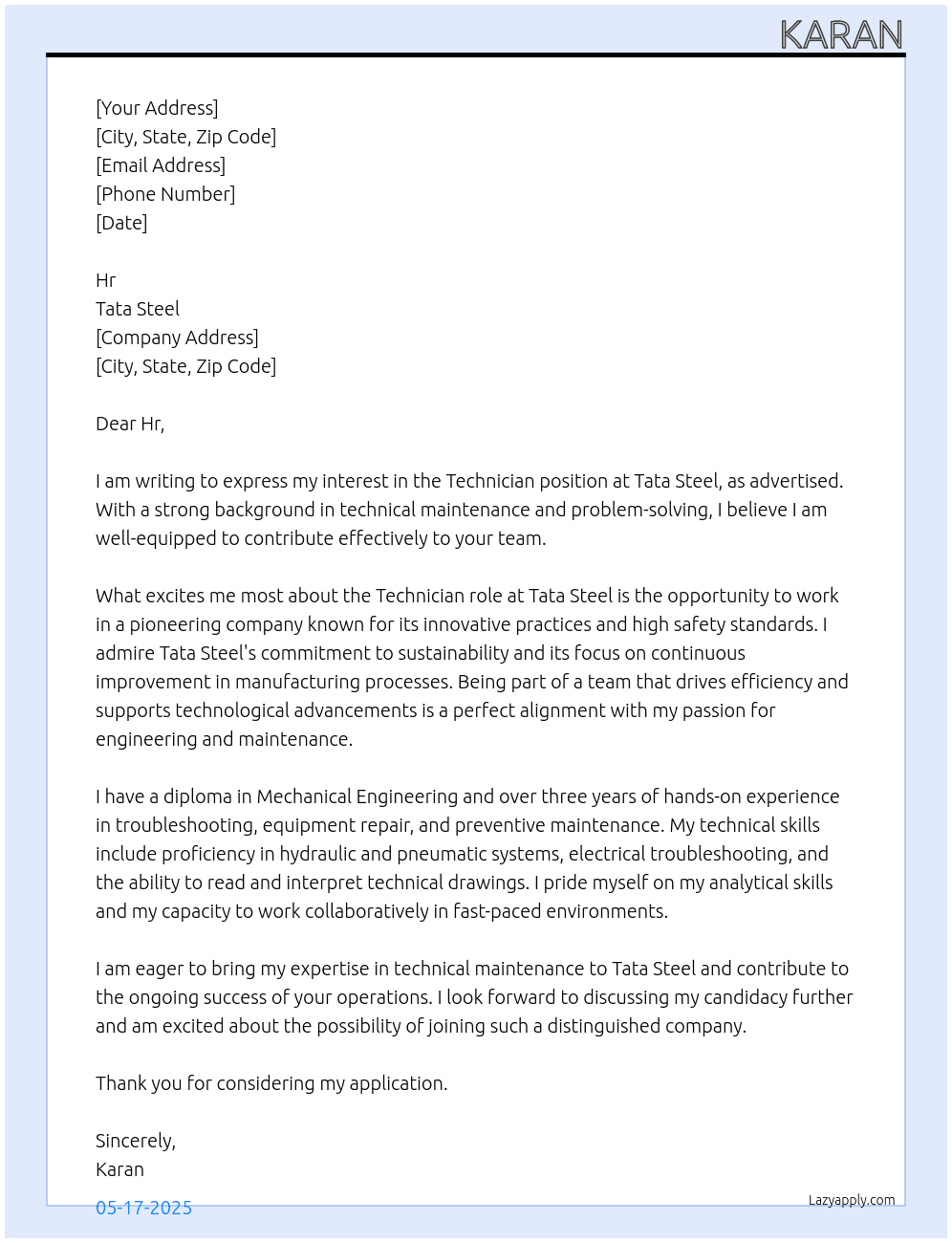 TECHNICIAN At Tata steel Cover Letter