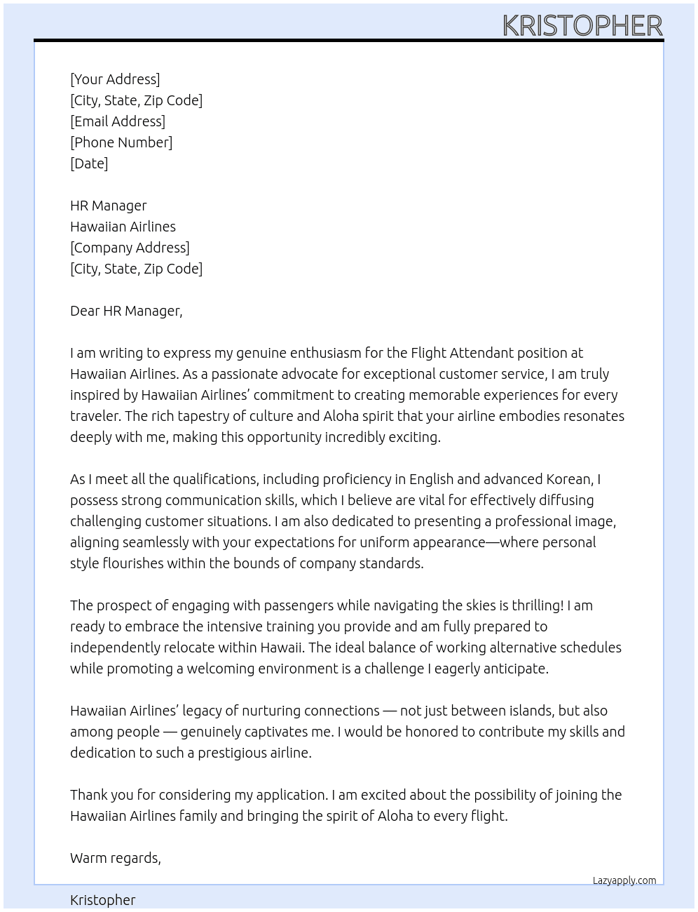 Flight Attendant At Hawaiian Airlines Cover Letter
