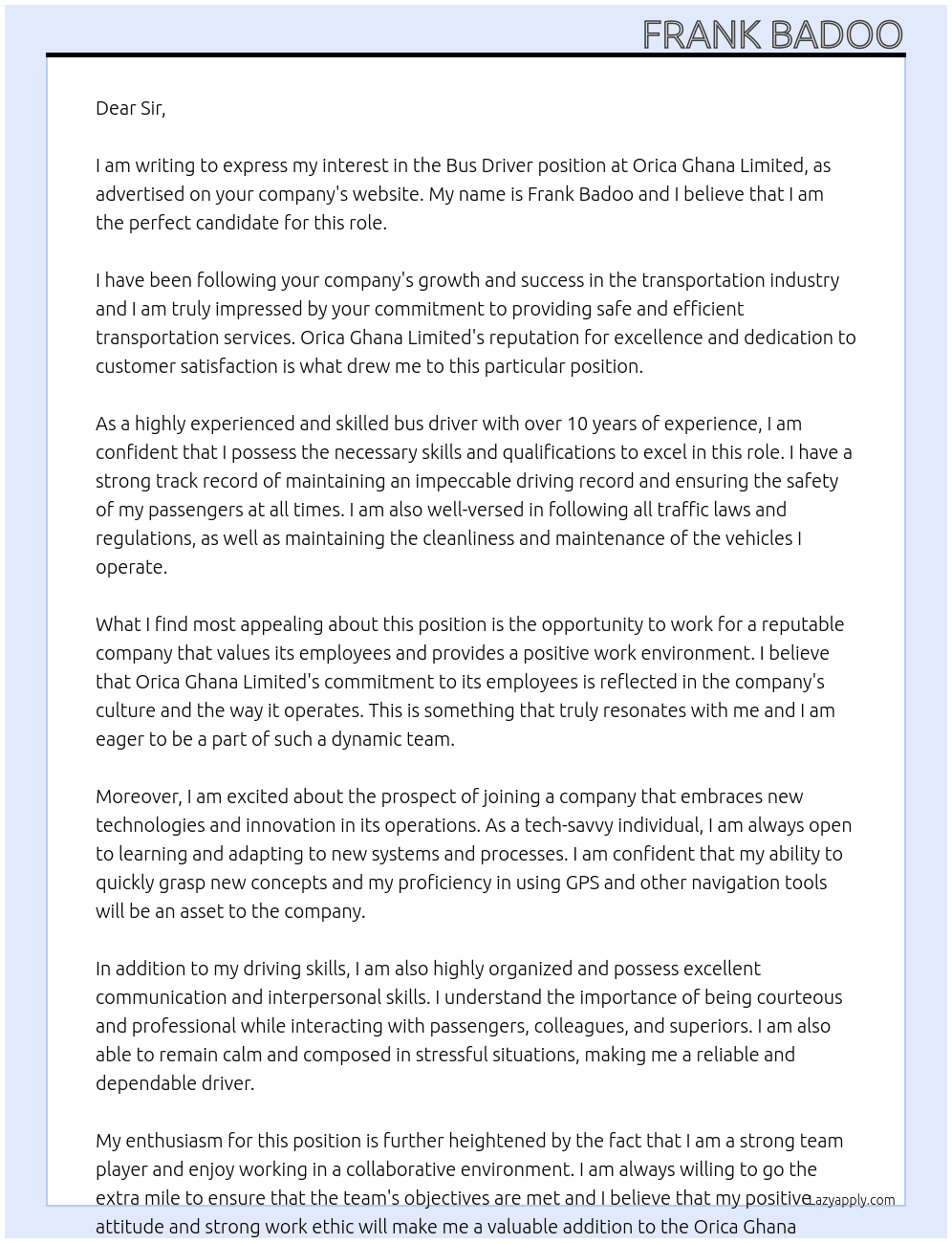 Bus Driver At Orica Ghana Limited Cover Letter
