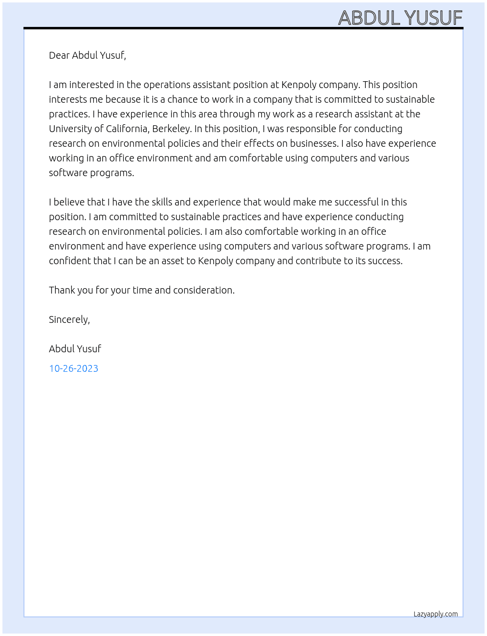 Operations assistant At Abdul Yusuf Cover Letter
