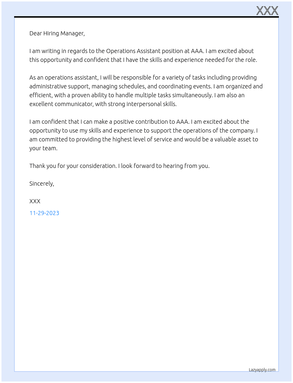 Operations Assistant At AAA Cover Letter