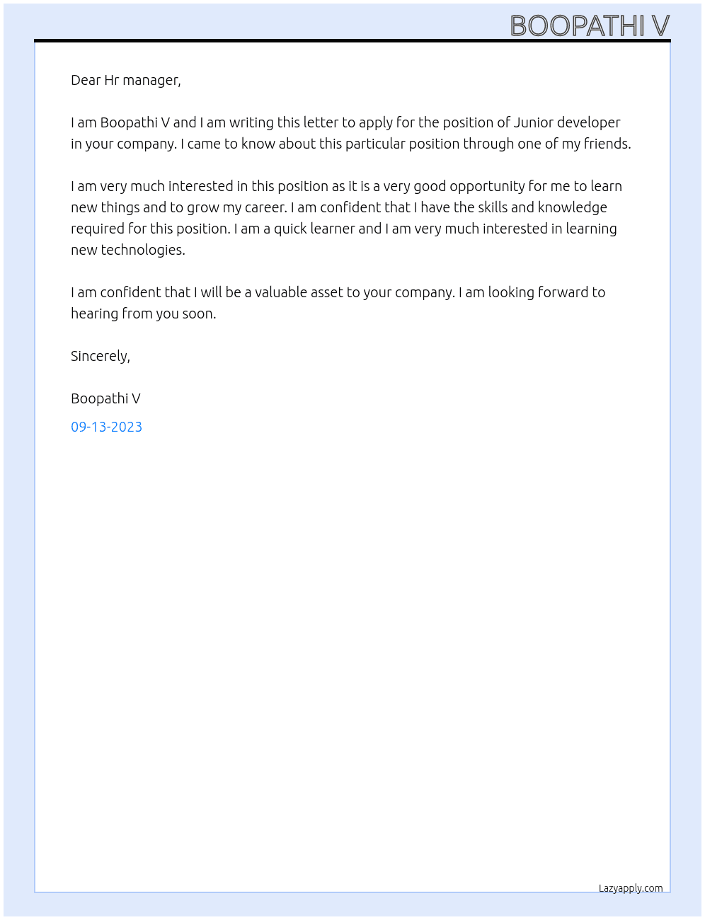 Junior developer At Srinsoft Cover Letter