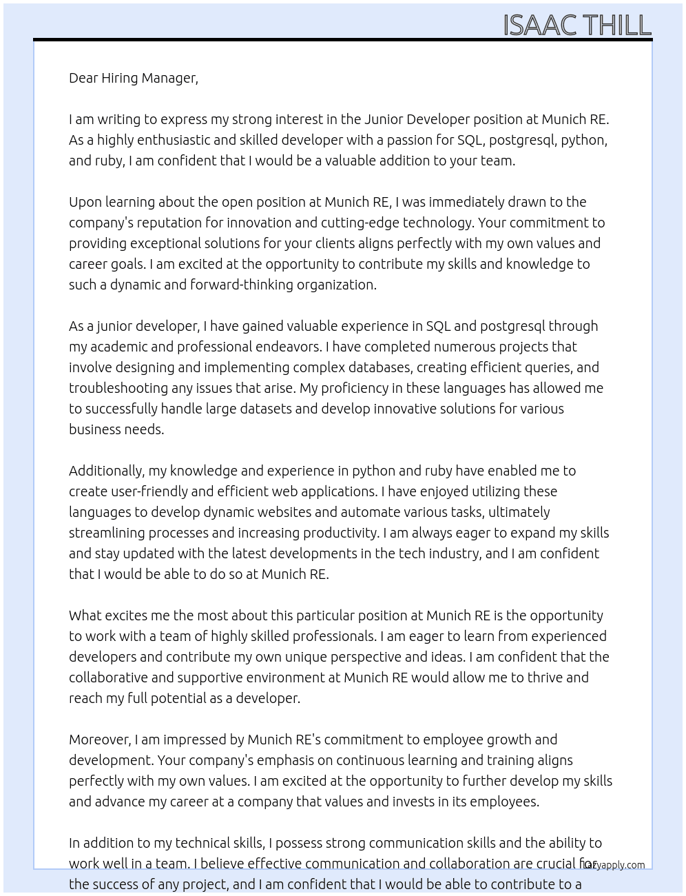 Junior Developer At Munich RE Cover Letter