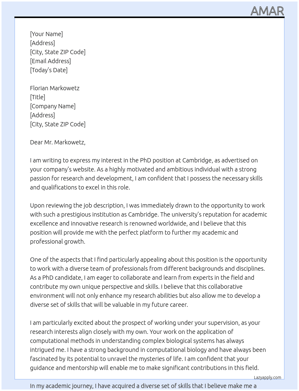 PhD position At Cambridge Cover Letter