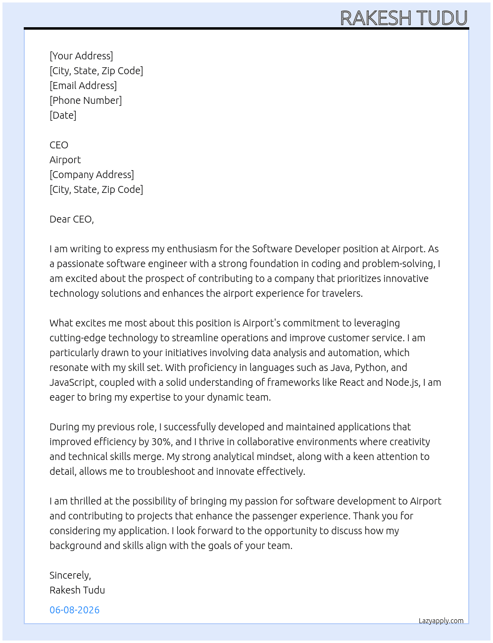 Cover letter for software developer - LazyApply
