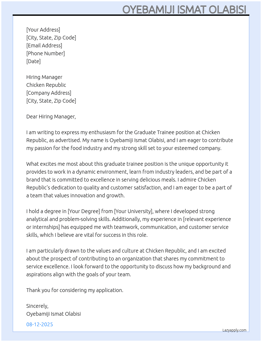Graduate trainee At Chicken republic Cover Letter