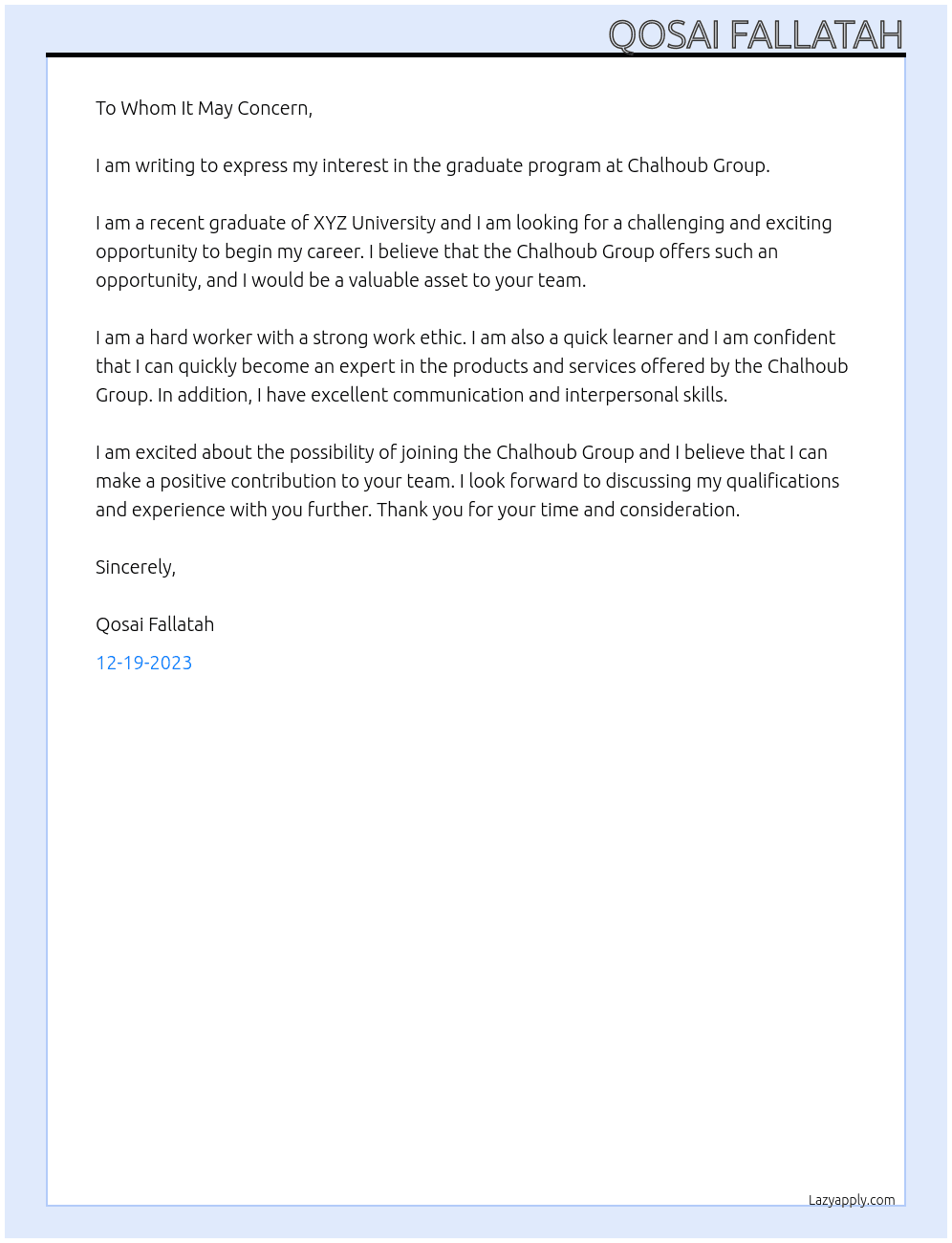 Graduate program At Chalhoub Group Cover Letter