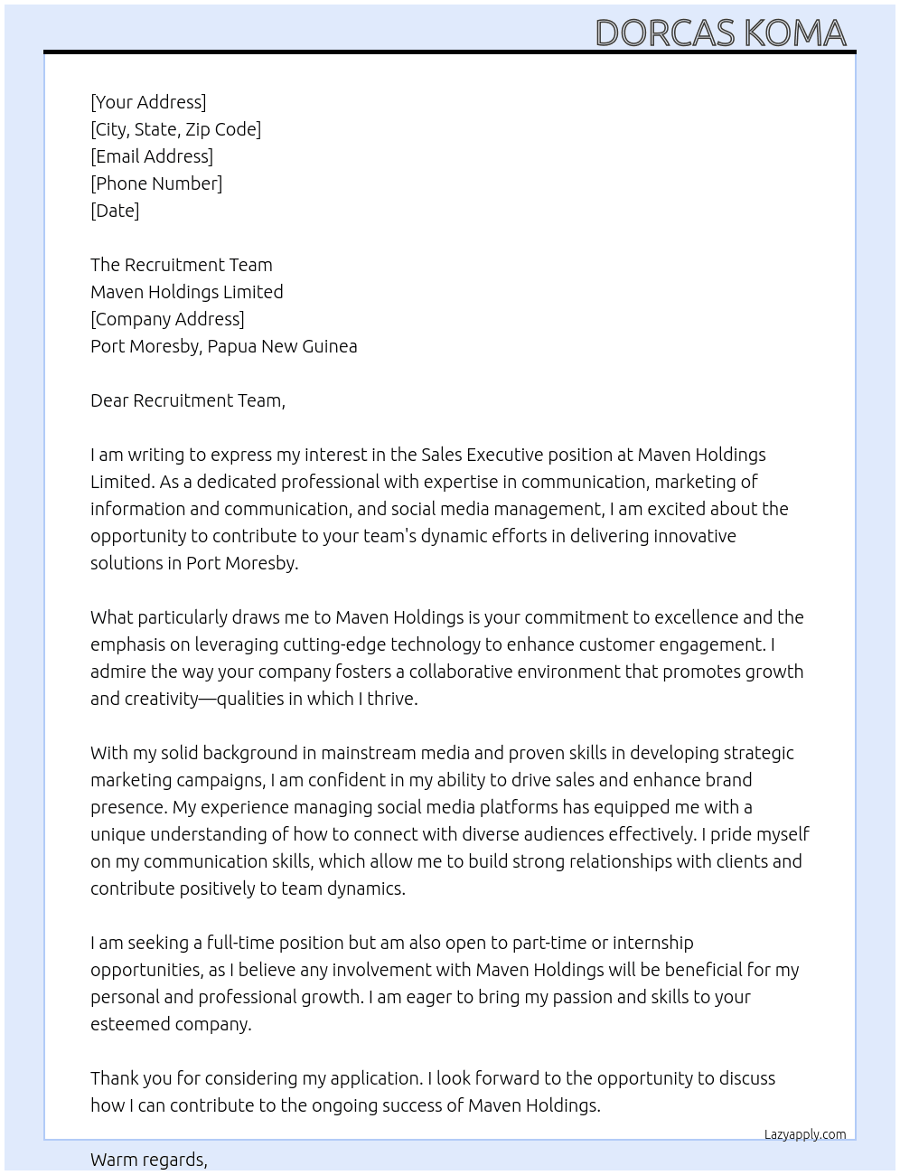 Sales Executive At Maven Holdings Limited Cover Letter