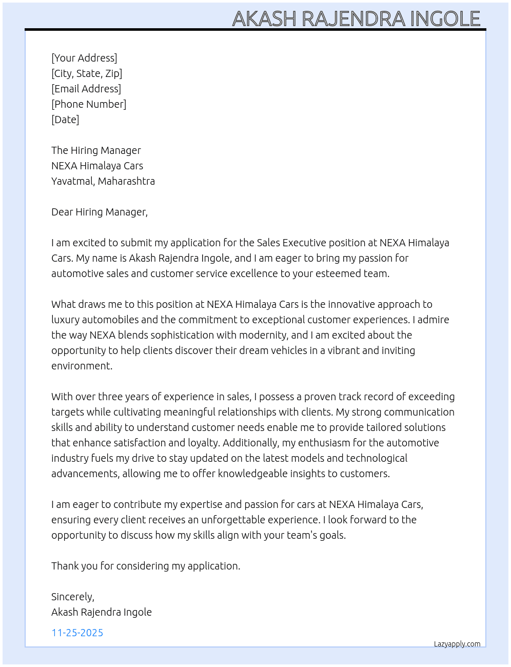 Sales executive At NEXA Himalaya Cars Yavatmal Cover Letter