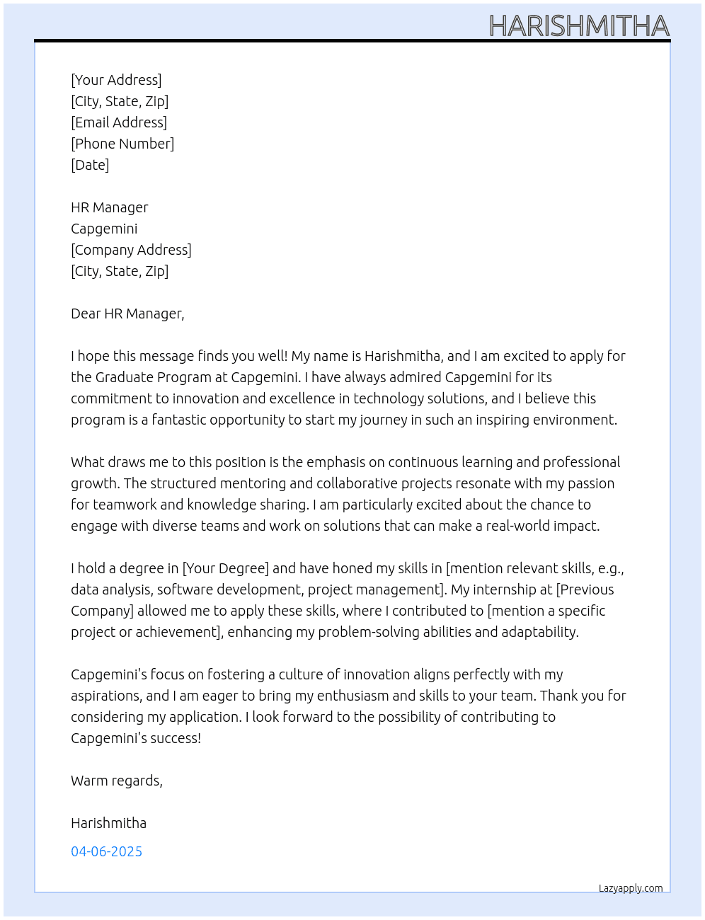 Graduate Program At Capgemini Cover Letter