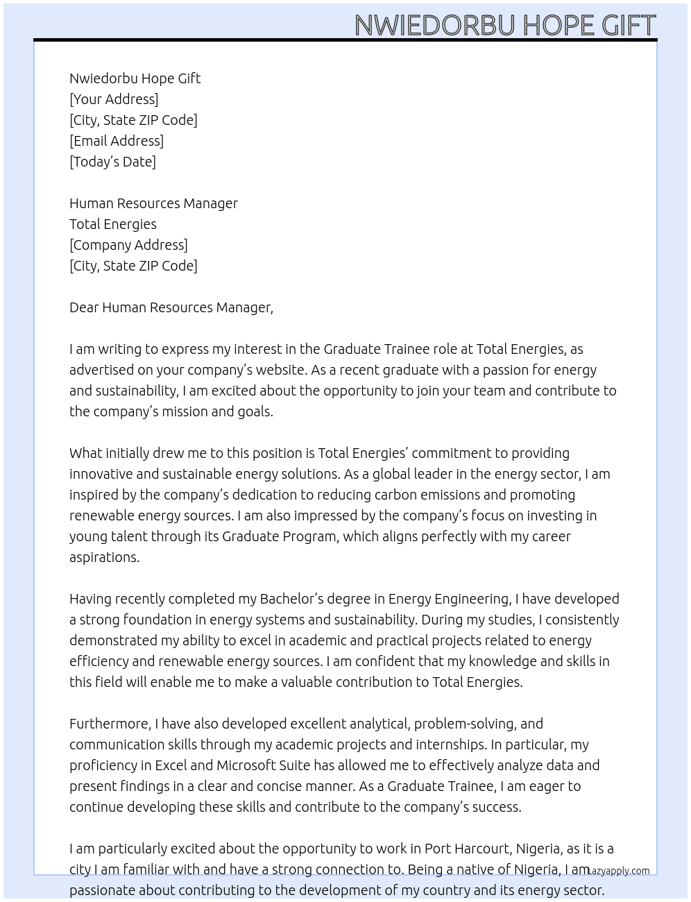 Graduate Program At Total Energies Cover Letter
