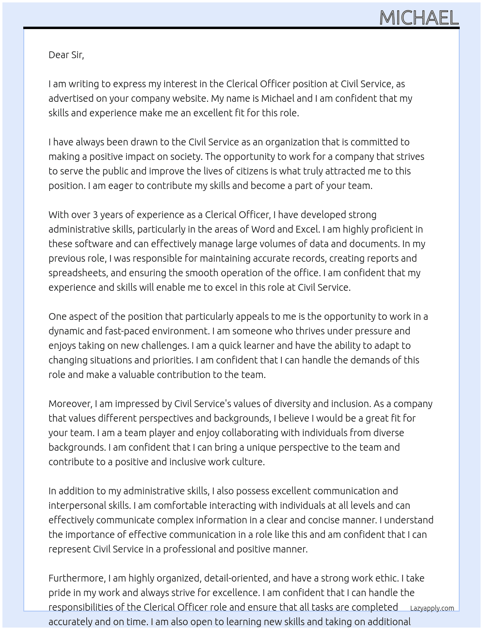 Clerical Officer At Civil Service Cover Letter