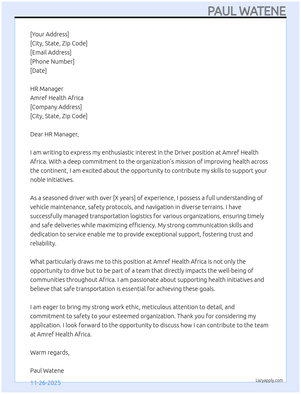 Driver At Amref health African Cover Letter