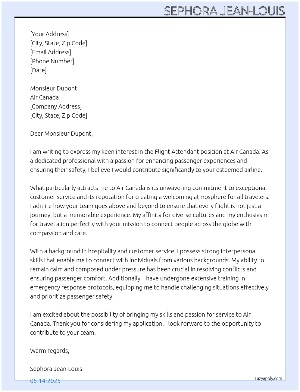 flight attendant At Air Canada Cover Letter