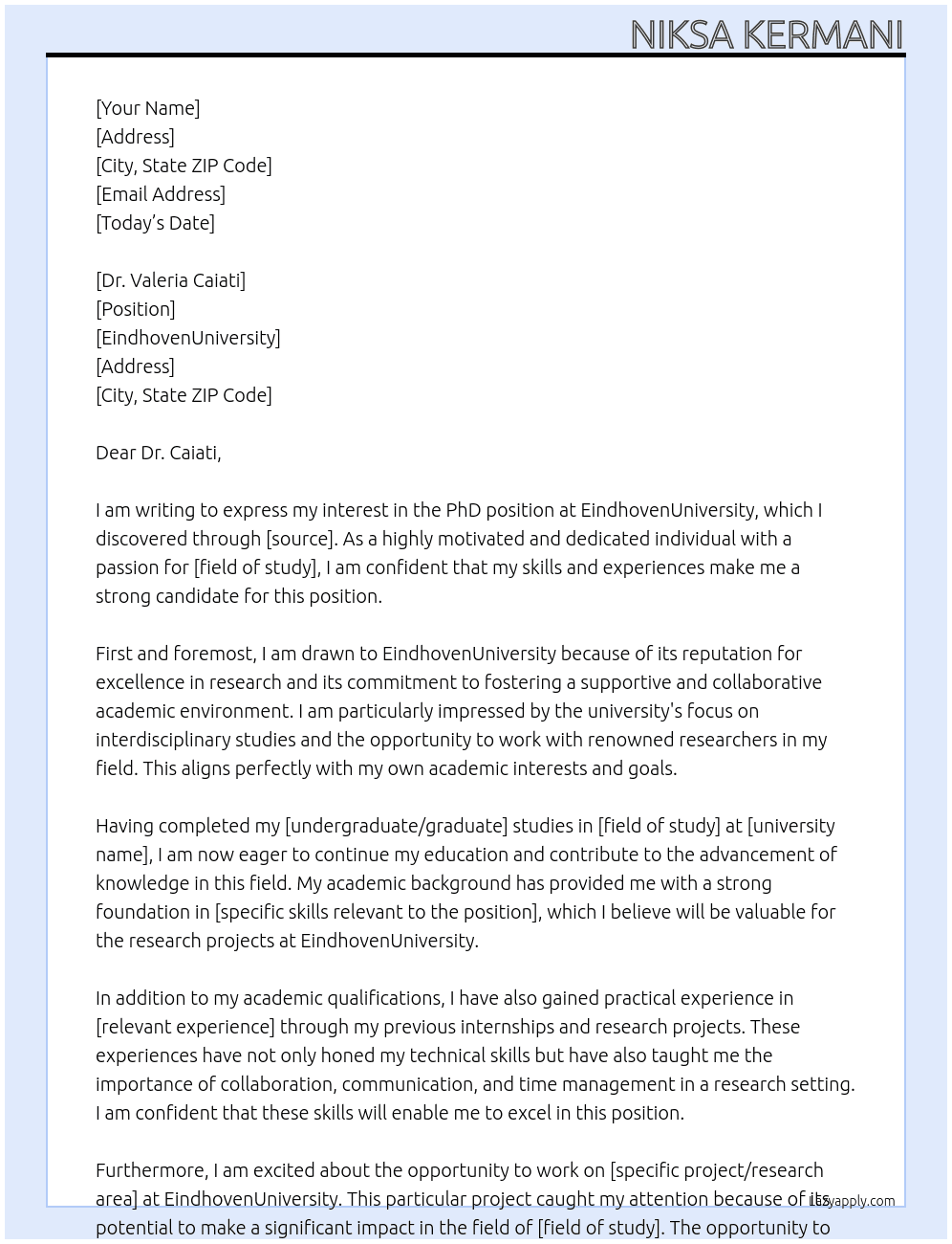 phd position At EindhovenUniversity Cover Letter