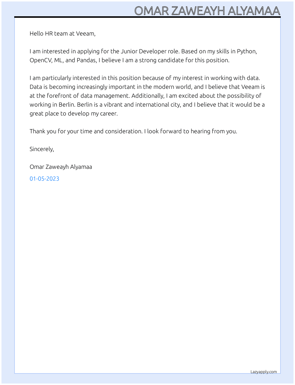 Junior developer At Veeam Cover Letter
