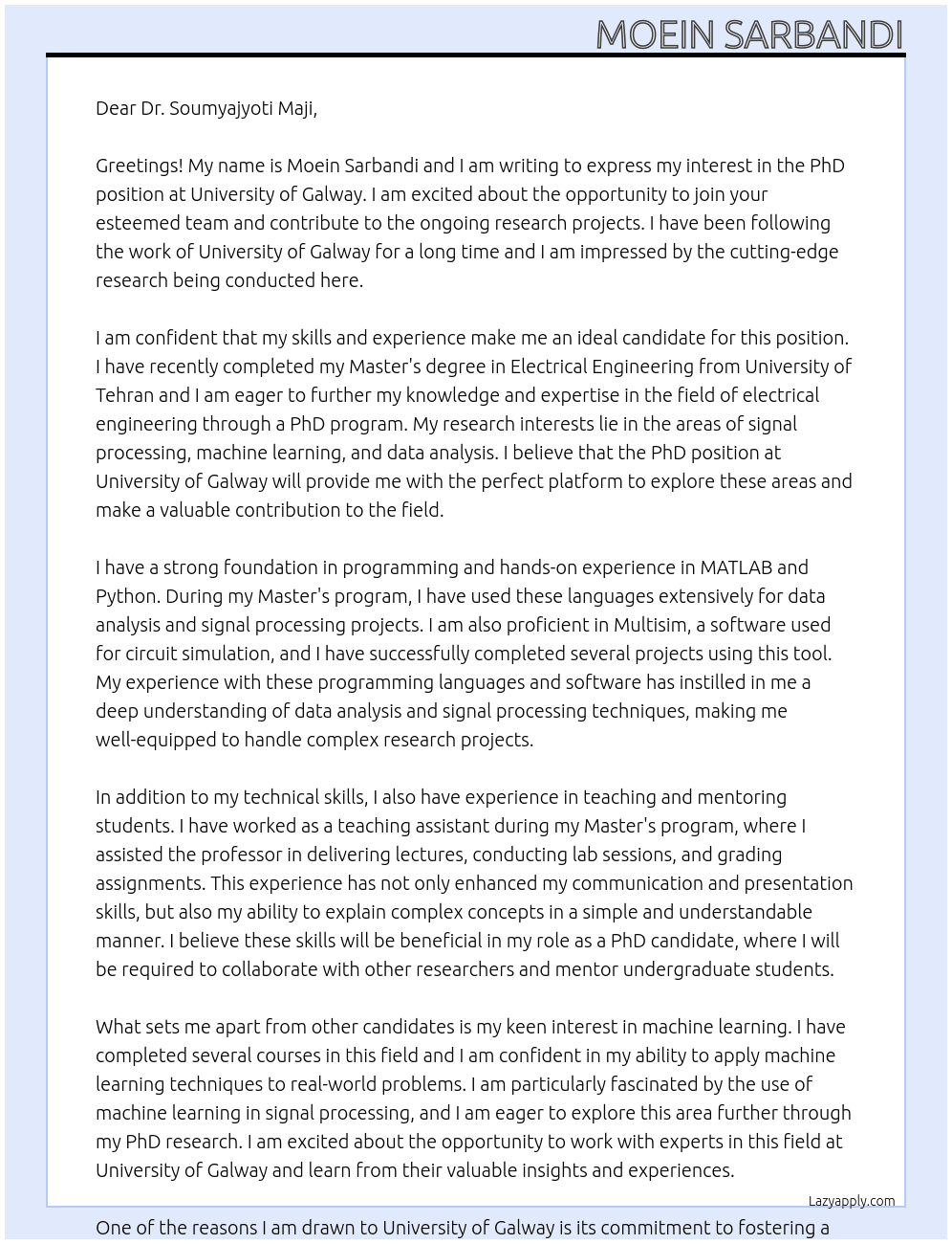 PhD Position At University of Galway Cover Letter