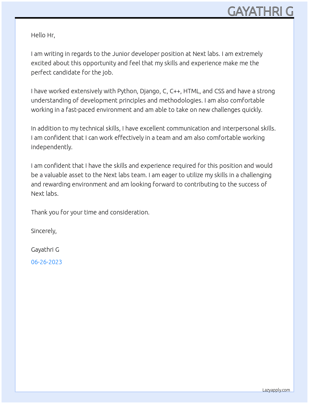 Junior developer At Next labs Cover Letter