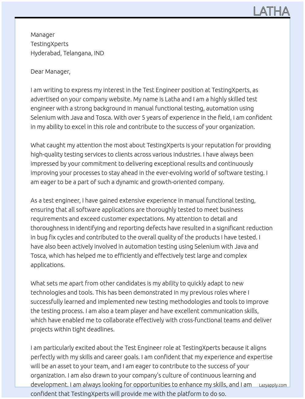 Test Engineer At TestingXperts Cover Letter