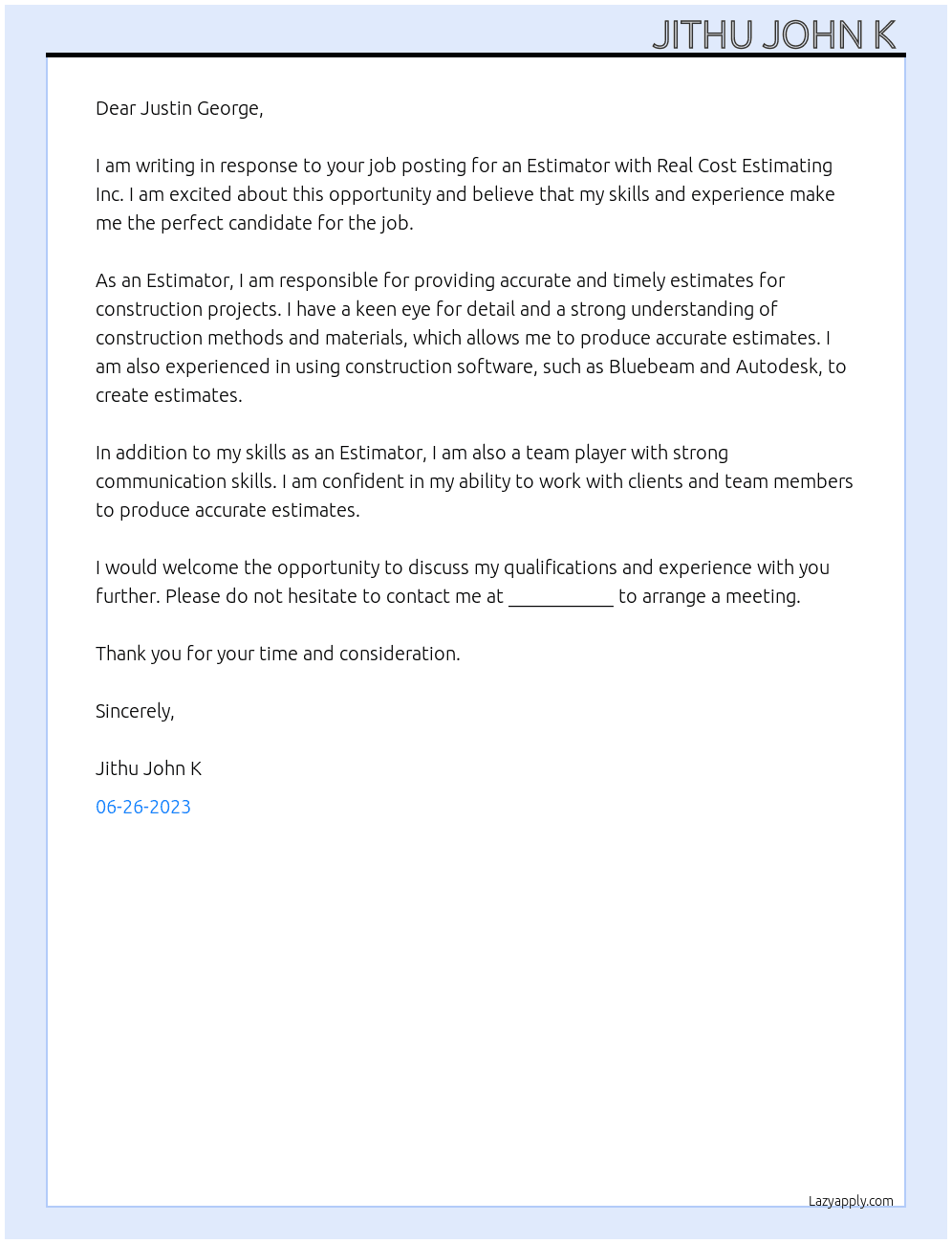 Estimator At REAL COST ESTIMATING INC Cover Letter