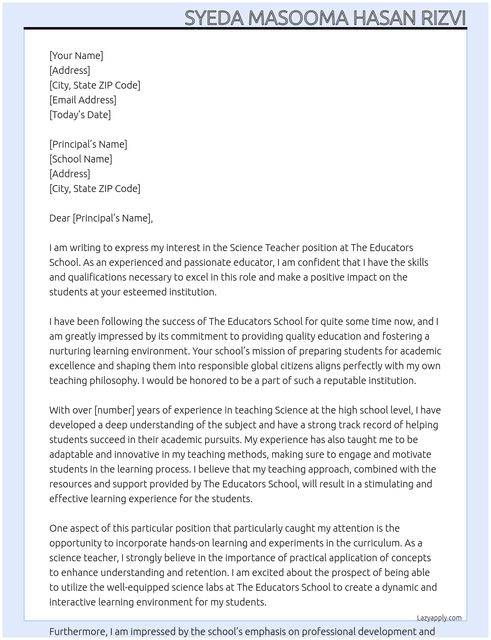 Science Teacher At The Educators School Cover Letter