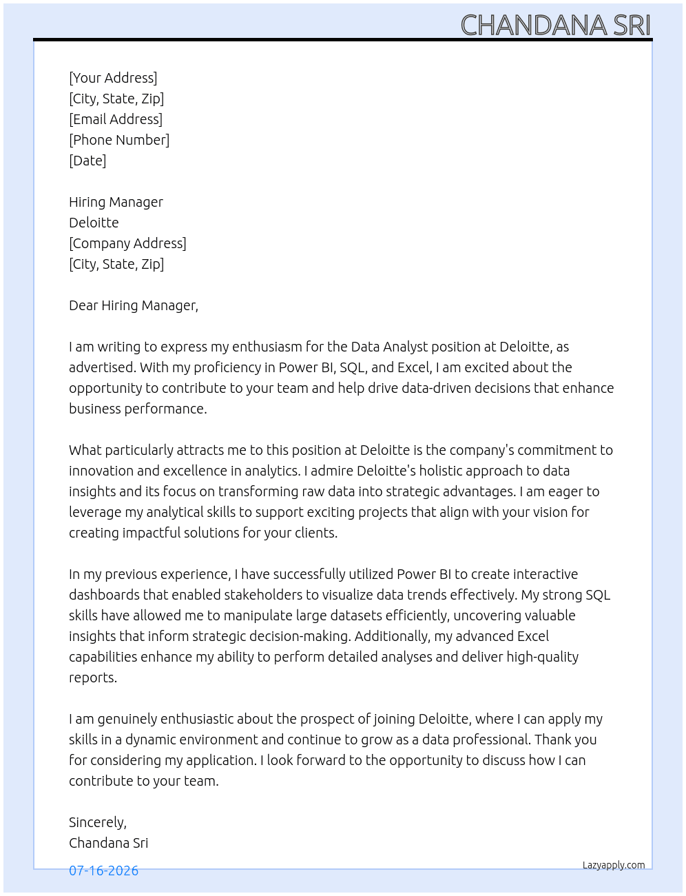 Data Analyst At Deloitte Cover Letter