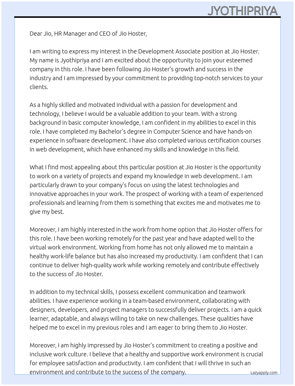 Development associate At Jio hoster Cover Letter
