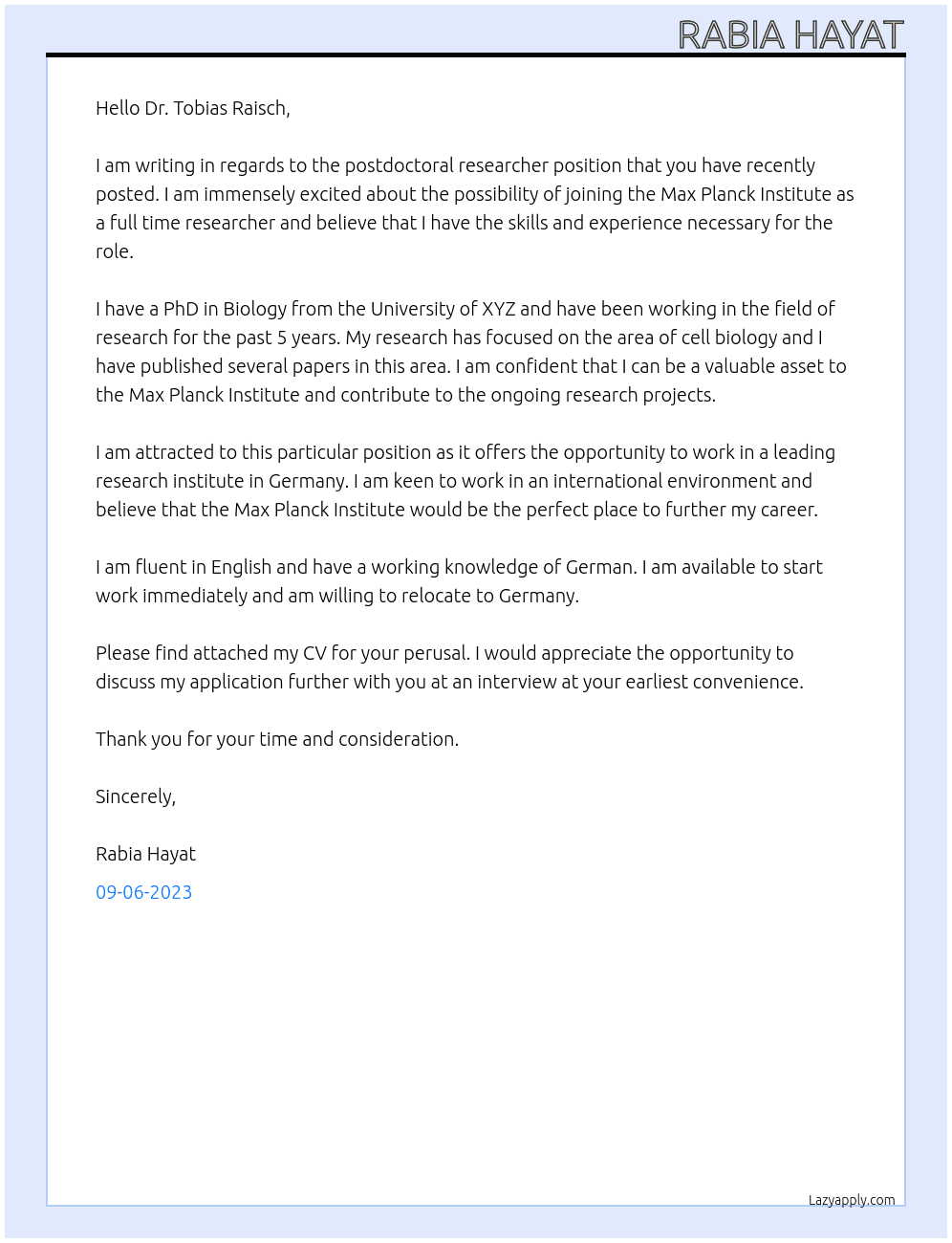 Post doctoral researcher At Max Planck Institute, Cover Letter