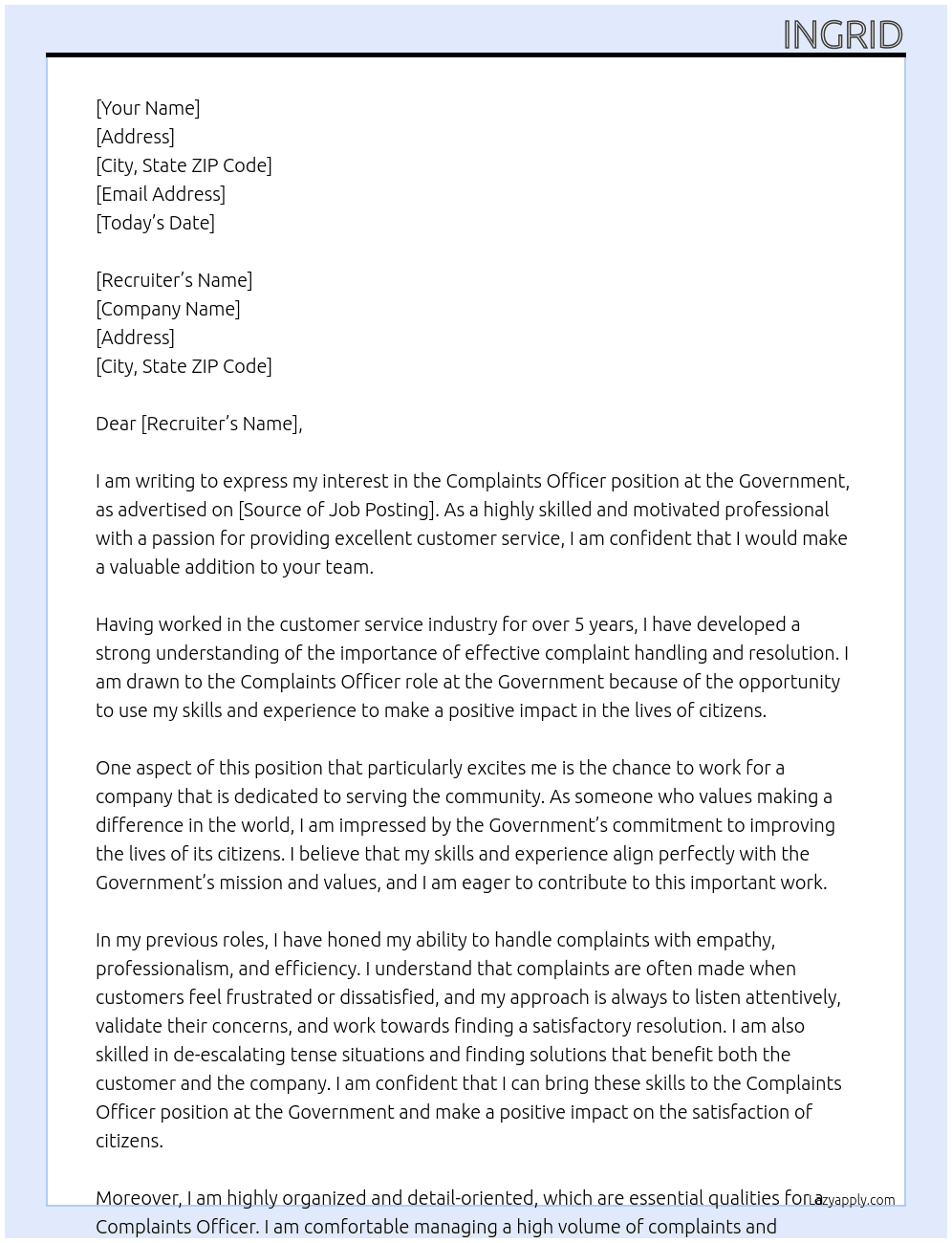 Complaints Officer At Government Cover Letter