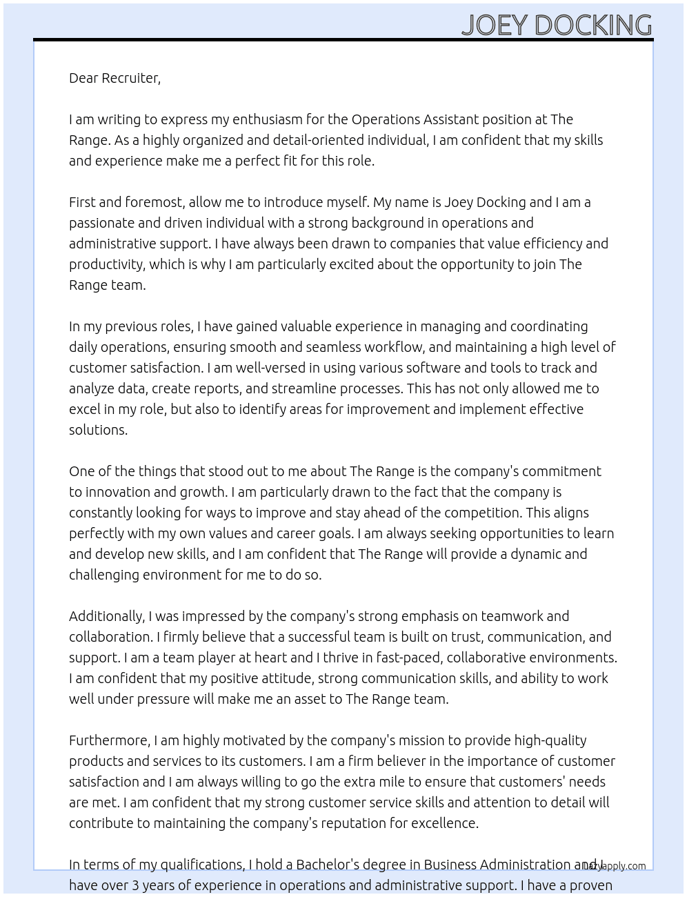 Operations Assistant At The Range Cover Letter