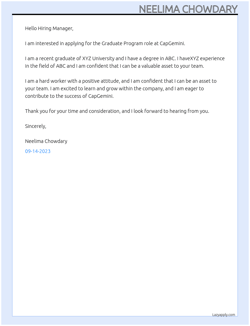 Graduate Program At CapGemini Cover Letter