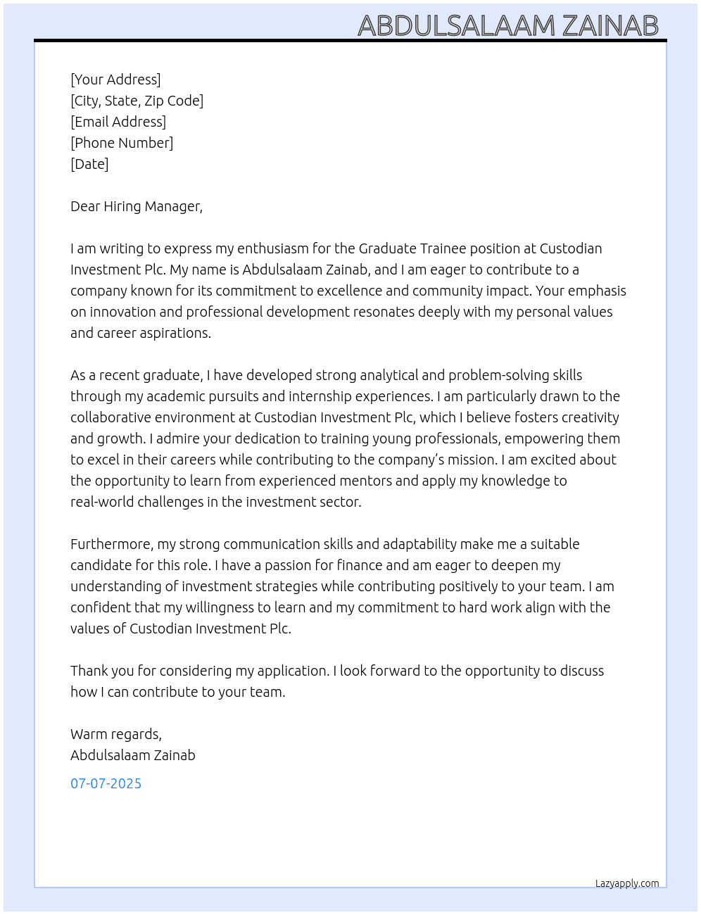 Graduate Trainee At Custodian Investment Plc. Cover Letter