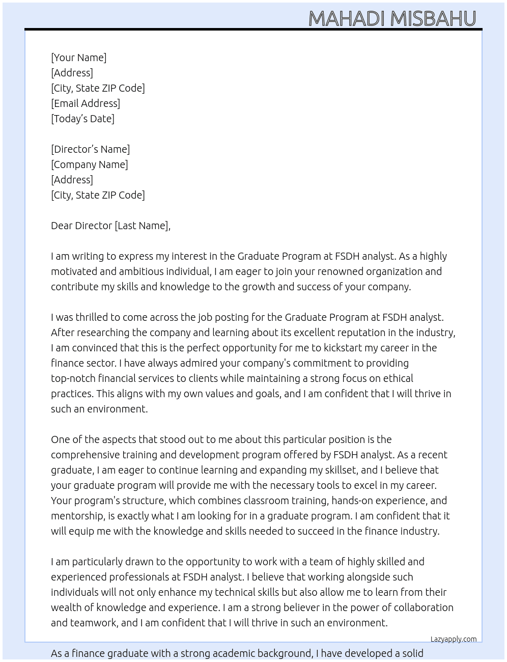 Graduate program At FSDH analyst graduate program Cover Letter