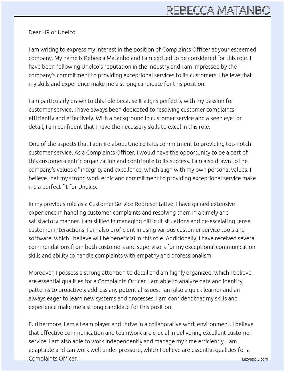 Complaints officer At Unelco Cover Letter