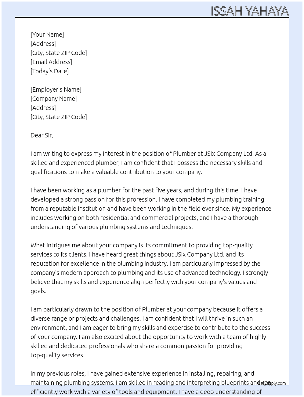 Plumber At JSix Company Ltd. Cover Letter