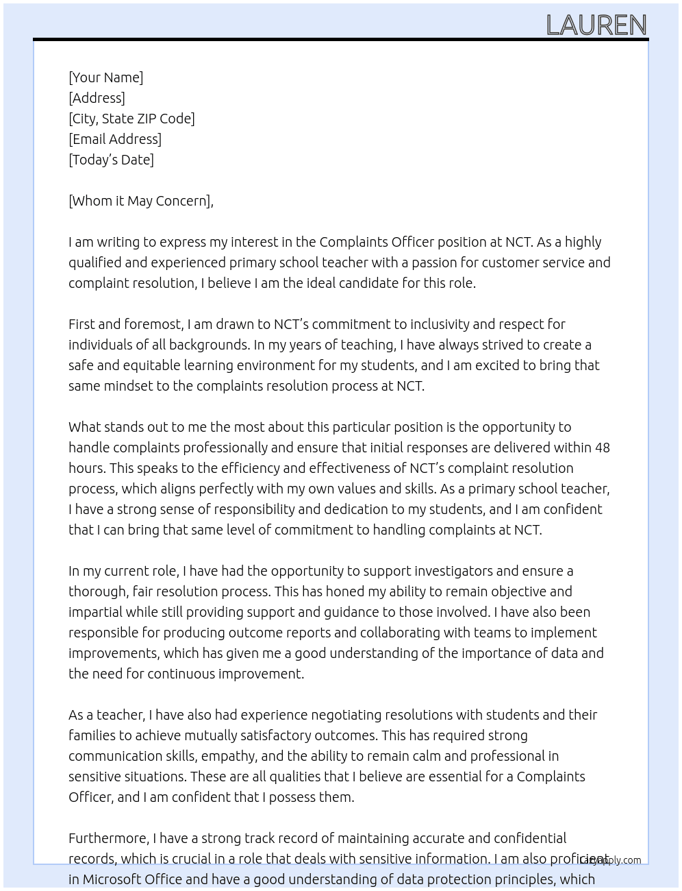 Complaints Officer At NCT Cover Letter