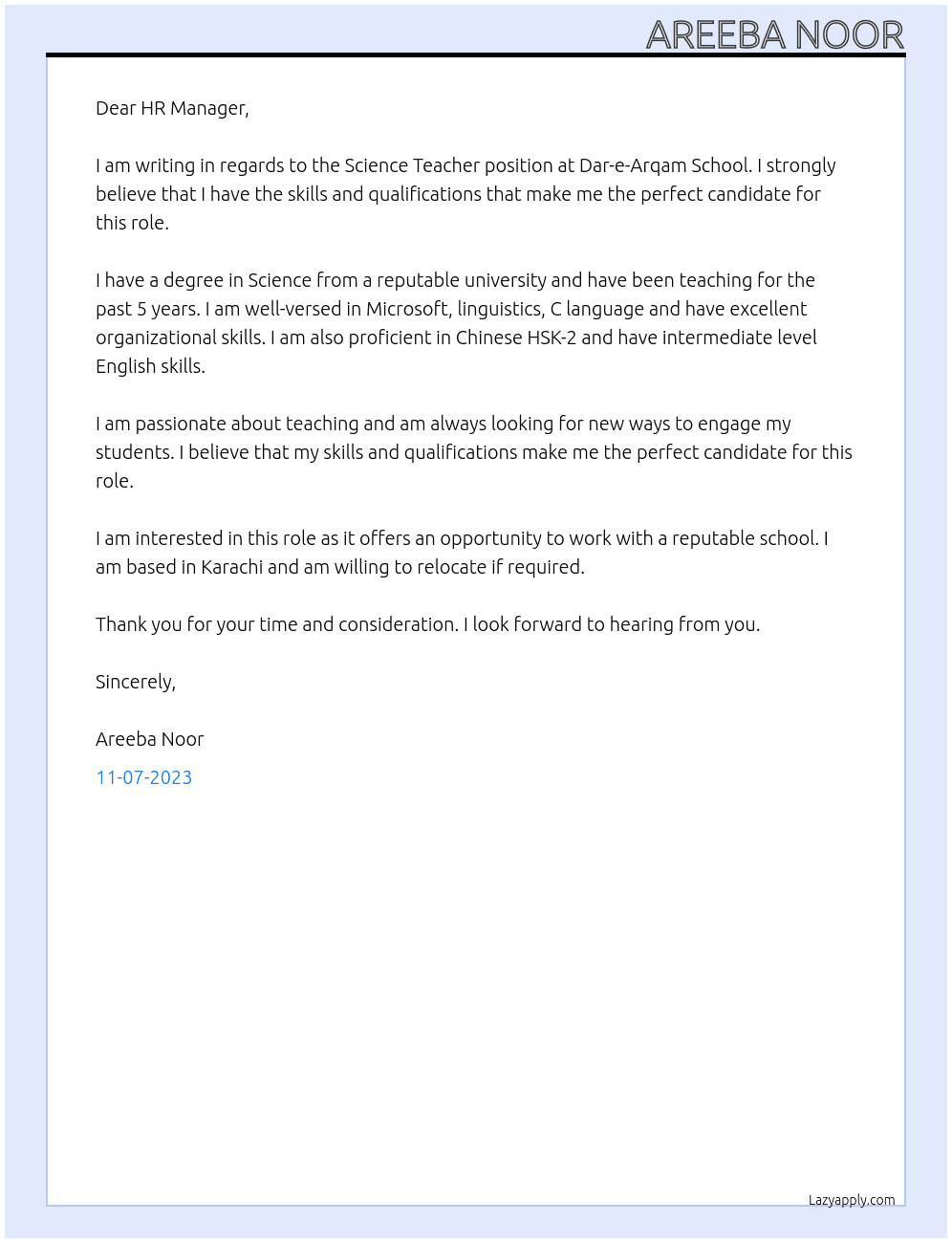 Science Teacher At Dar-e-Arqam School Cover Letter
