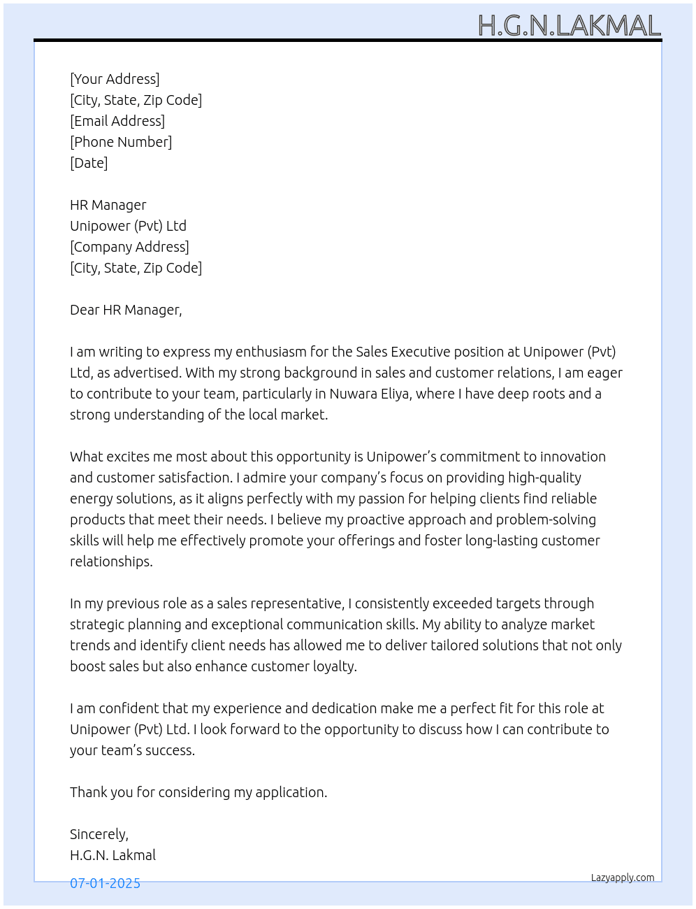 Sales Executive At Unipower (Pvt) Ltd Cover Letter