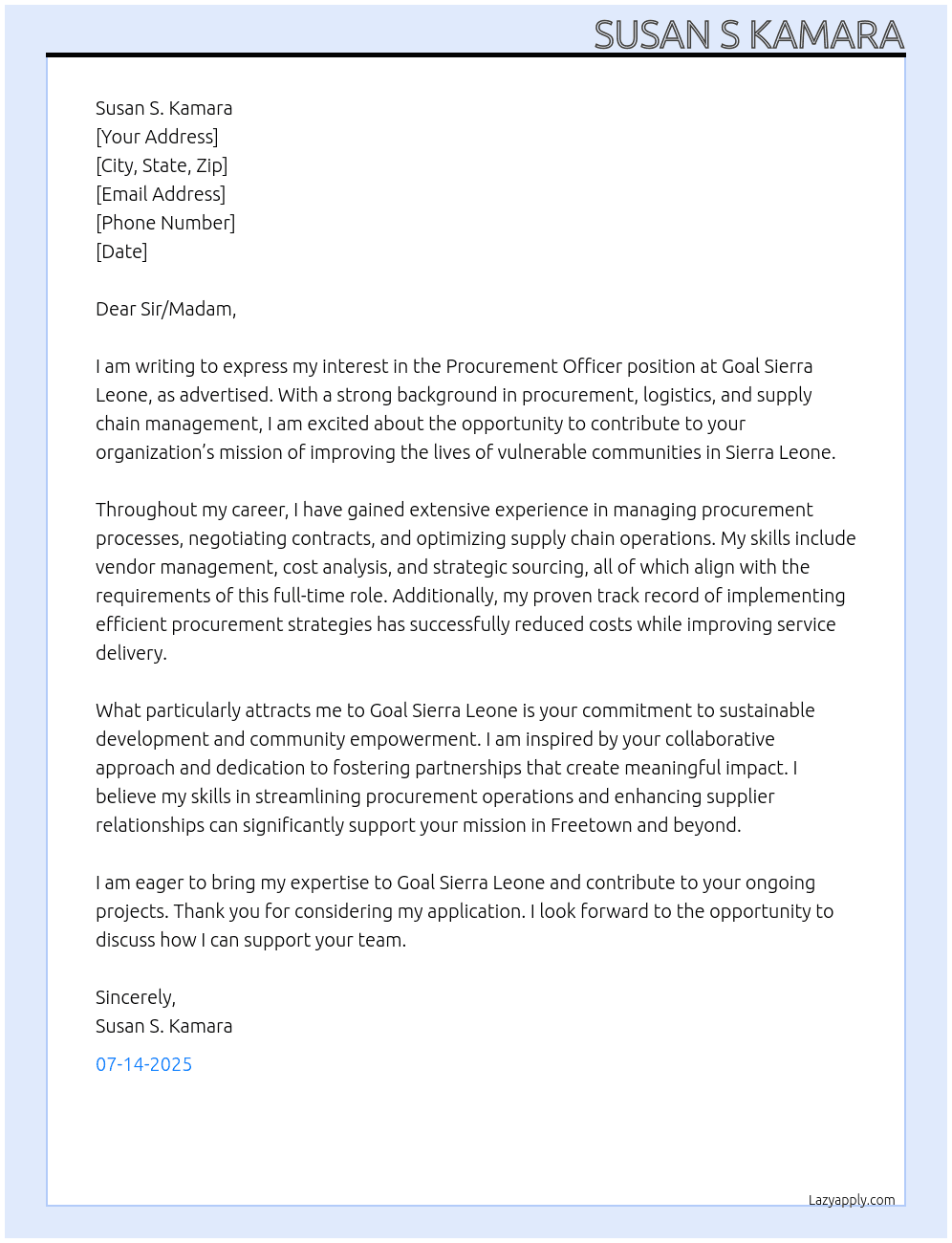 Procurement Officer At Goal Sierra Leone Cover Letter