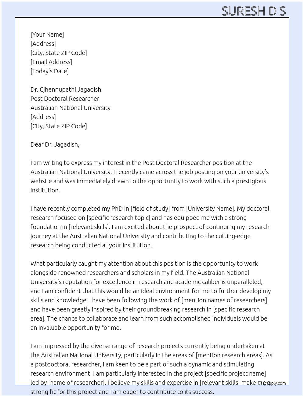 Cover letter for post doctoral researcher - LazyApply