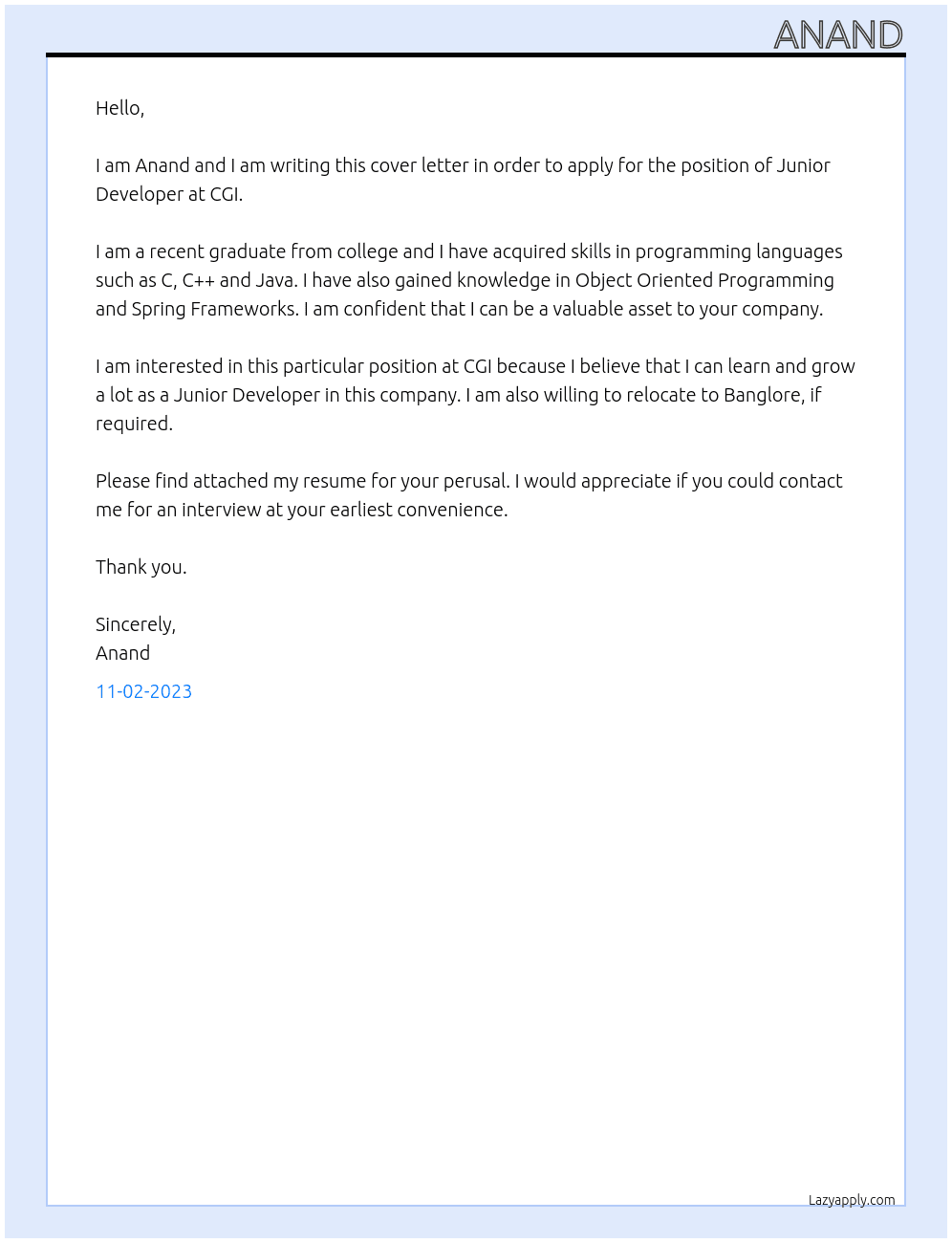 Junior Developer At CGI Cover Letter