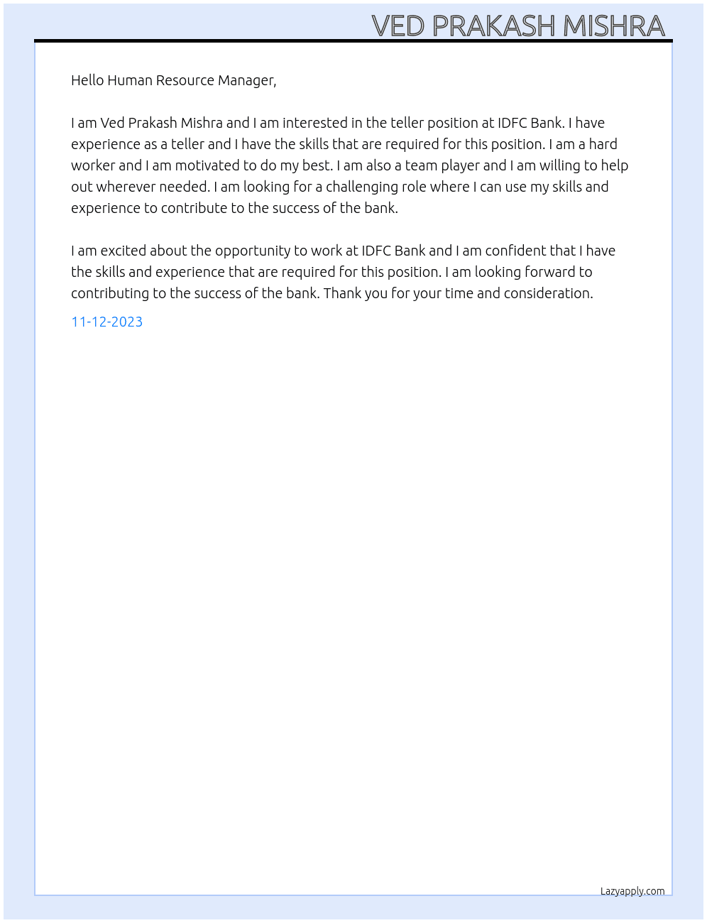 Teller At IDFC Bank Cover Letter