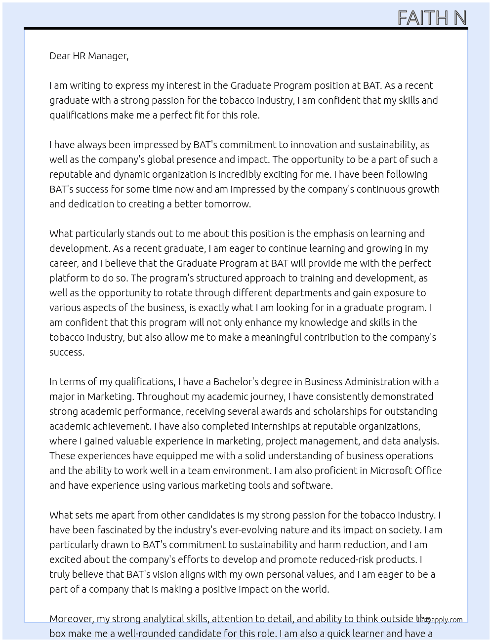 Graduate Program At BAT Cover Letter