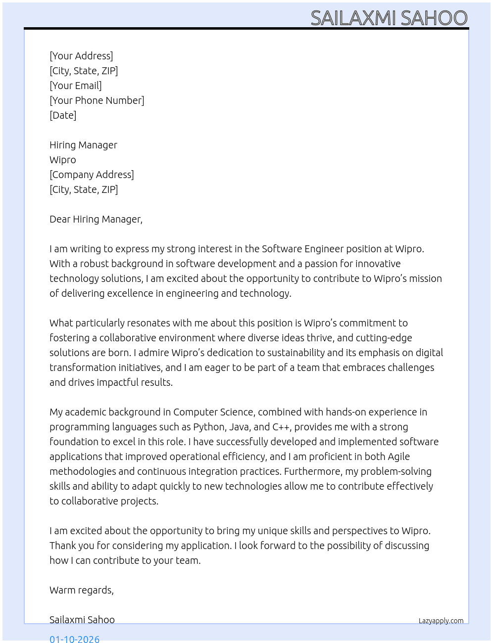 software engineer At wipro Cover Letter