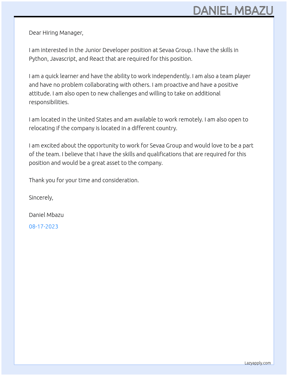 Junior Developer At Sevaa Group Cover Letter