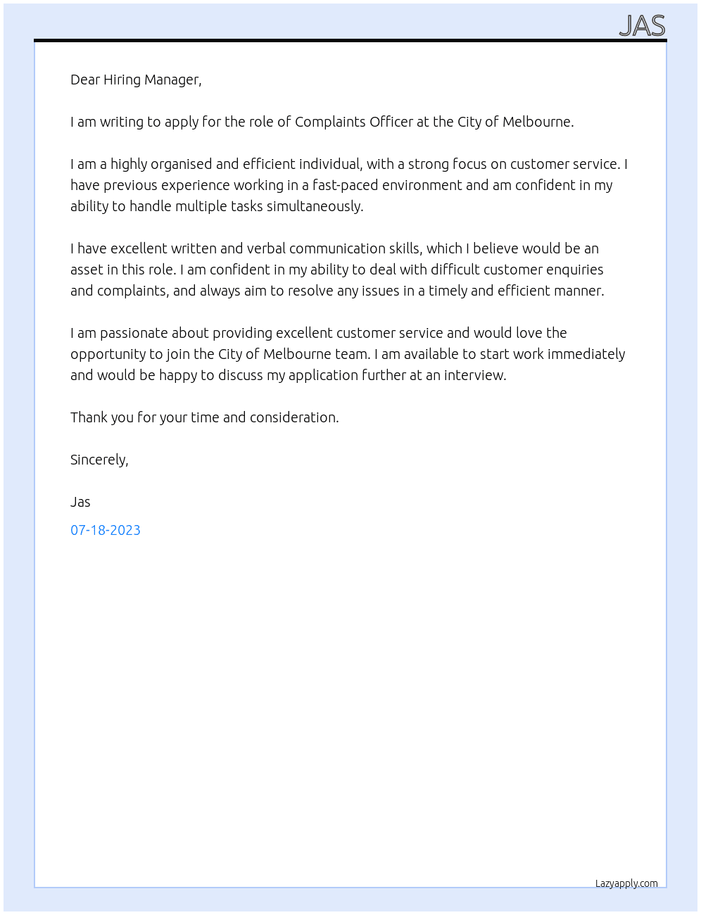 Complaints Officer At City of Melbourne Cover Letter