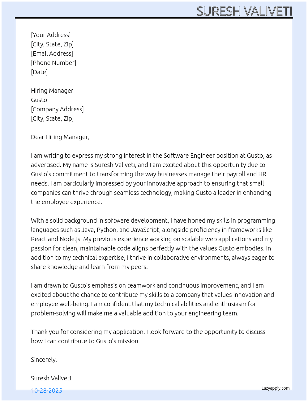 software engineer At Gusto Cover Letter